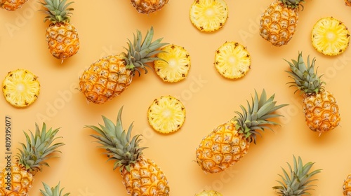 Creative overhead pattern of pineapple slices and whole fruits  visually striking against a bright light orange isolated backdrop