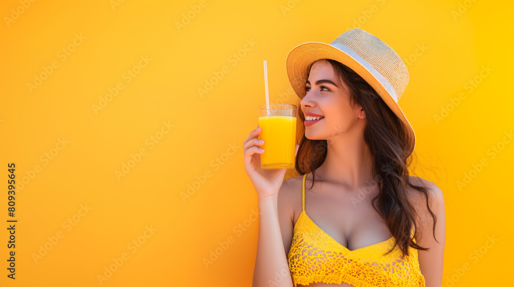 Portrait of a beautiful woman wearing a summer hat drinking fresh orange juice, summer-themed designs, copy space Portrait of a beautiful woman wearing a summer hat drinking fresh orange juice, summer-themed designs, copy space