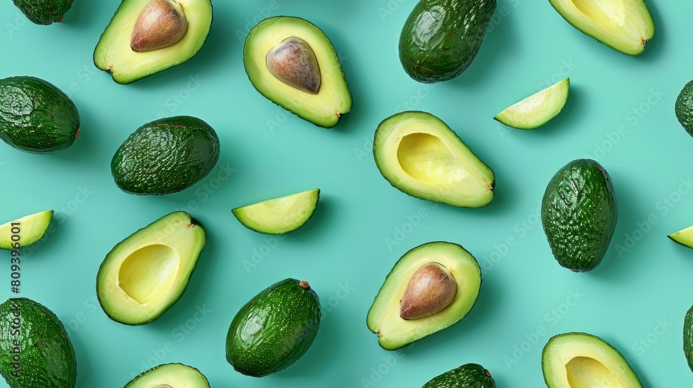 Close-up of avocado slices and whole avocados arranged in a fun pattern on a bright greenish-blue background, isolated and well-lit Close-up of avocado slices and whole avocados arranged in a fun pattern on a bright greenish-blue background, isolated and well-lit