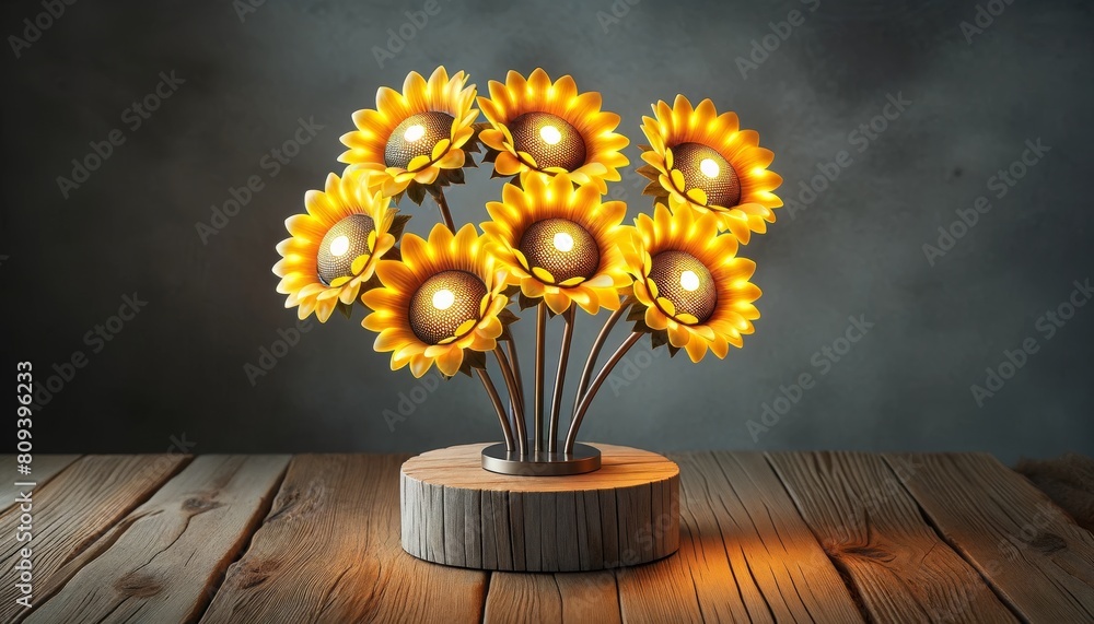 Bright and cheerful sunflower table light with LED centers, clustered on a rustic wooden stand to brighten up a room. Bright and cheerful sunflower table light with LED centers, clustered on a rustic wooden stand to brighten up a room.