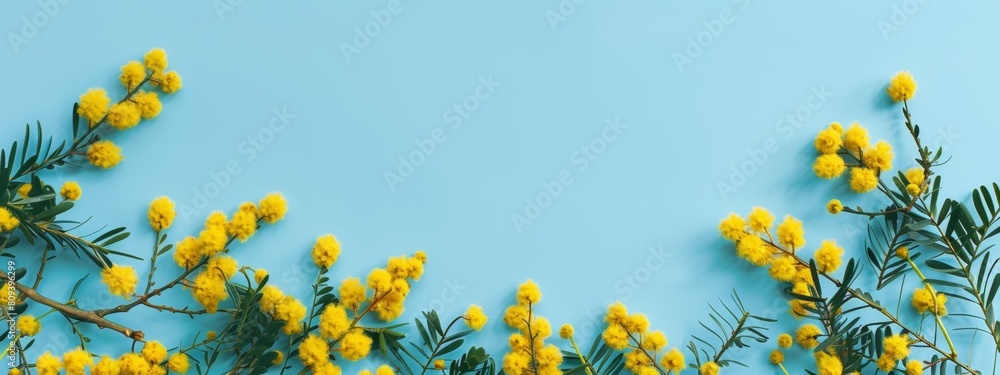 The mimosa border on light blue background, flat lay banner with copy space for text. Spring and Easter concept. The mimosa border on light blue background, flat lay banner with copy space for text. Spring and Easter concept.