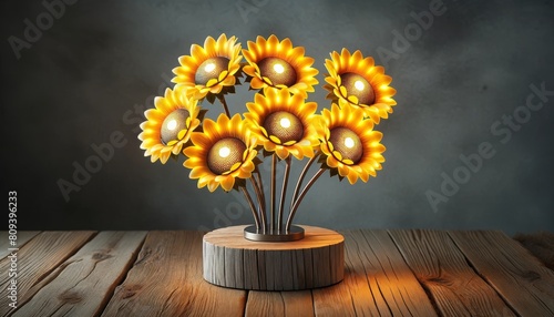 Bright and cheerful sunflower table light with LED centers, clustered on a rustic wooden stand to brighten up a room. photo