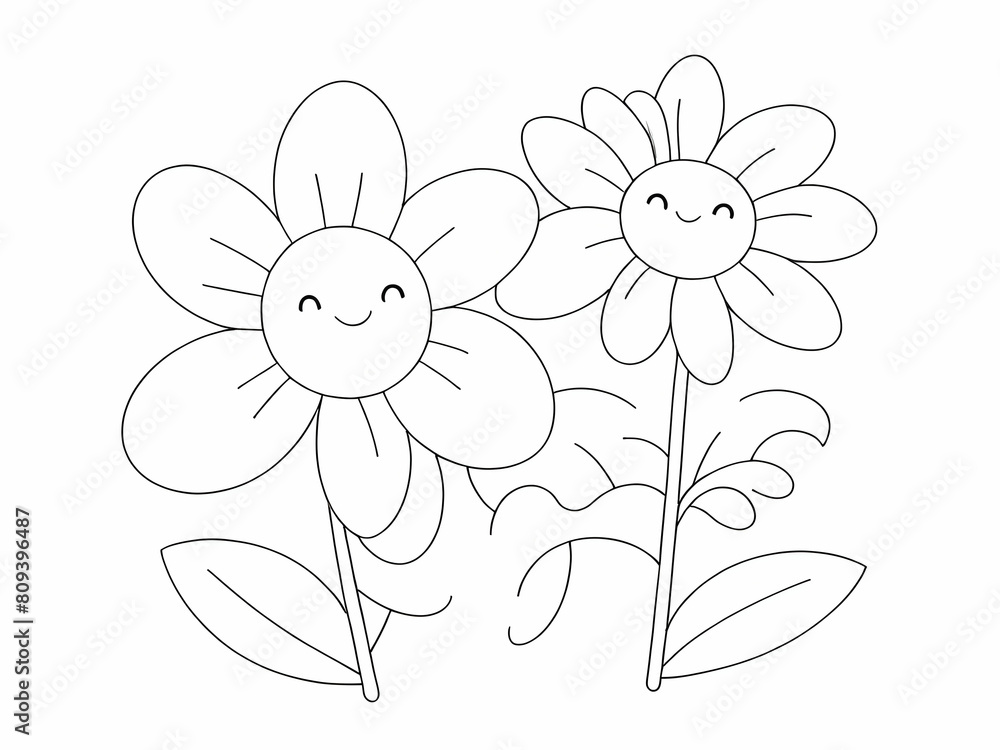 Cute flowers drawing coloring book
