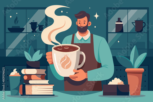 A happy barista with a large coffee mug in a warm, inviting cafe setting