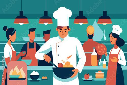 Chef and staff cook in a bustling kitchen with various meals in progress