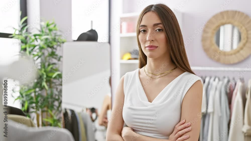 Confident woman with arms crossed standing in a modern clothing room with a mirror and rack of clothes. Confident woman with arms crossed standing in a modern clothing room with a mirror and rack of clothes.