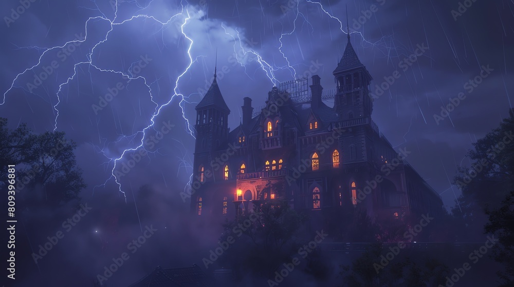 Haunted house with scary lights and lightning flashes