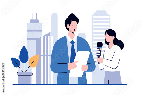 A journalist interviews a male professional against a city backdrop