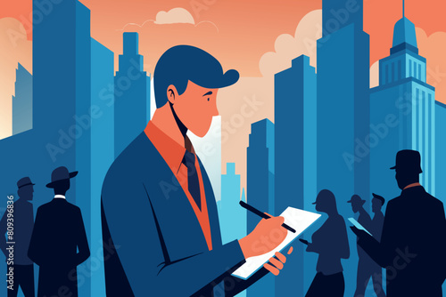 Man in suit jotting down on his notepad while walking in urban setting
