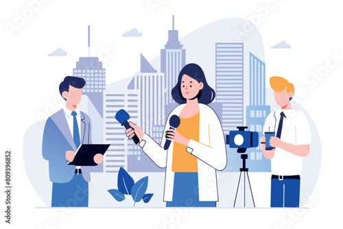 A news reporter interviews a subject as a cameraman records
