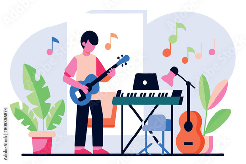 A musician plays an electric guitar by a keyboard setup