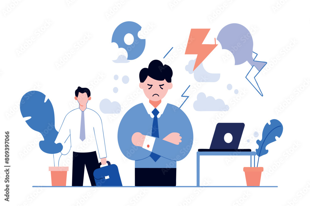 An office employee stands puzzled by a laptop error An office employee stands puzzled by a laptop error
