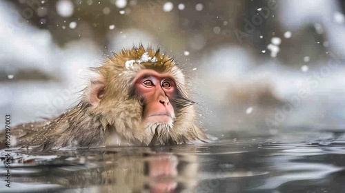 Travel Asia. Red-cheeked monkey. Monkey in a natural onsen hot spring , located in Snow Monkey. photo