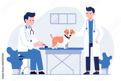 A vet consults with a pet owner while checking a dog