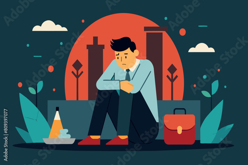 A dejected man in a suit sits by his briefcase at dusk