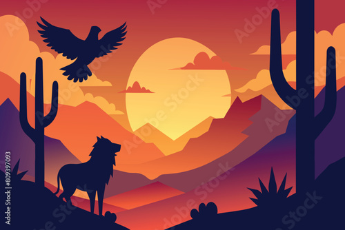 A sunset backdrop with wildlife and cacti silhouettes