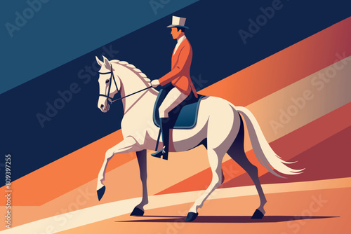 A rider in formal attire trains on a white horse in an arena