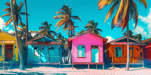 Colorful houses on Catalina beach Dominican republic with palm trees 