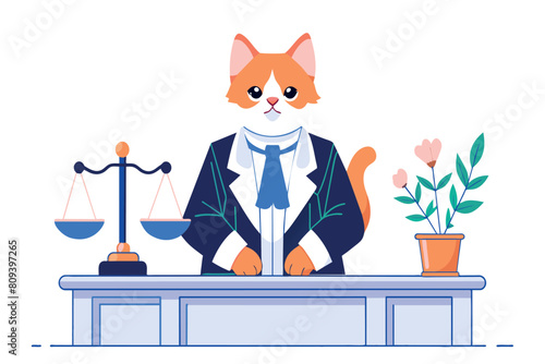 Cartoon corgi dressed as a lawyer with scales and plant