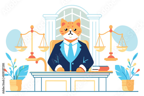 An anthropomorphic cat judge presides over a courtroom