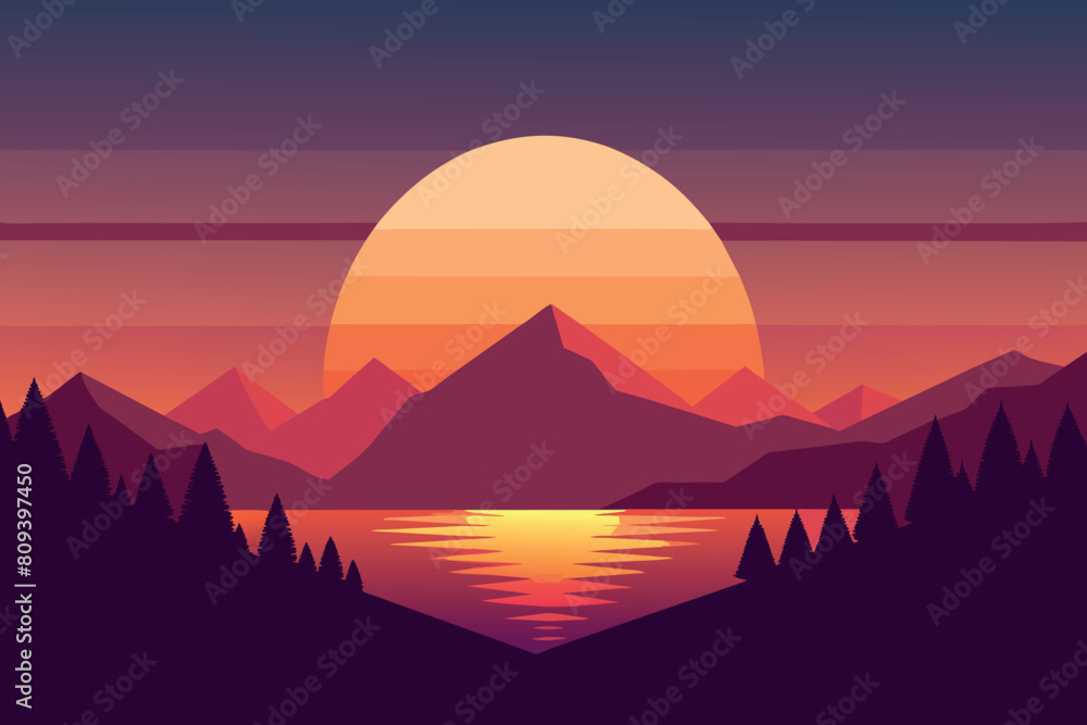 Sunset paints the sky in hues above tranquil mountain lake Sunset paints the sky in hues above tranquil mountain lake