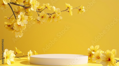 3d render spring scene and Natural podium background, White stone podium on the colorful flowers and grass field backdrop for product display.