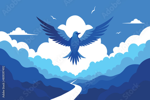 A stylized blue bird flies over scenic mountain ranges