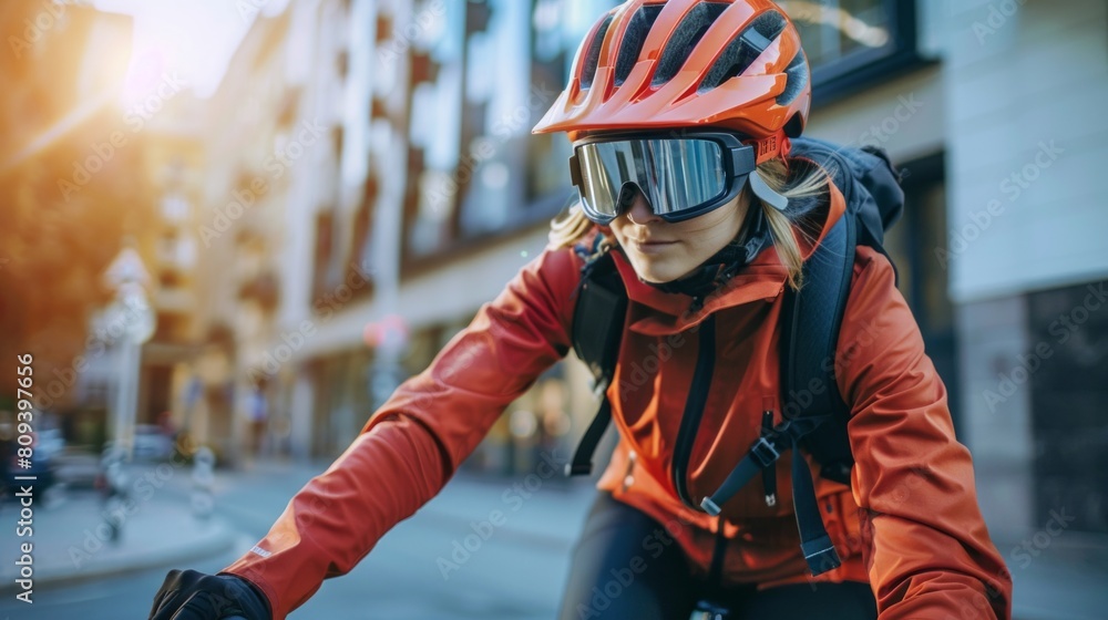 Naklejka premium Businesswoman go to work at office wearing helmet with bicycle on street around building on city. Bike commuting, Commute on bike, Business commuter concept.