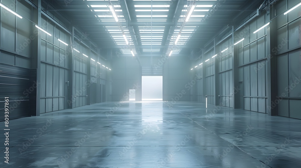 A large empty warehouse with gray walls and a white ceiling, illuminated by bright lights. The concrete floor has no furniture. A large empty warehouse with gray walls and a white ceiling, illuminated by bright lights. The concrete floor has no furniture.
