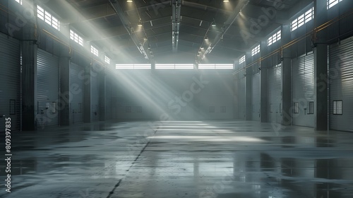 A large empty warehouse with gray walls and a white ceiling  illuminated by bright lights. The concrete floor has no furniture.