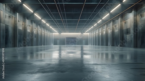 A large empty warehouse with gray walls and a white ceiling  illuminated by bright lights. The concrete floor has no furniture.