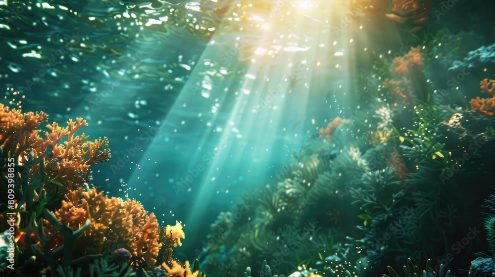 Sunlight shining on corals and the ocean