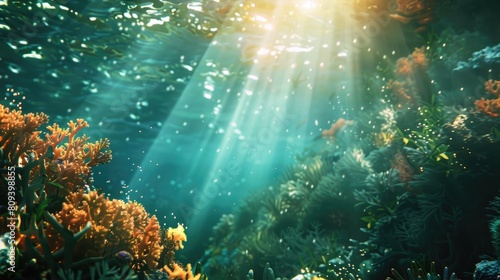 Sunlight shining on corals and the ocean