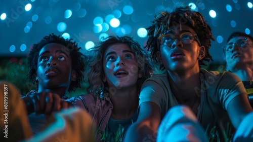 A multicultural group of teenagers lying on grass, looking up in awe at glowing lights at a night festival