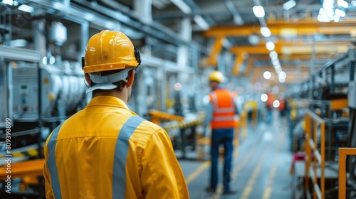 Against the backdrop of safety signs and warning labels, workers in the factory prioritize safety above all else, taking precautions to protect themselves and their colleagues from harm. © kaitanan