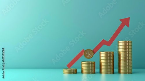 Gold coin stack with red arrow up growth economic earning trend