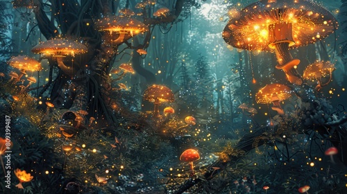 An enchanted forest with glowing mushrooms