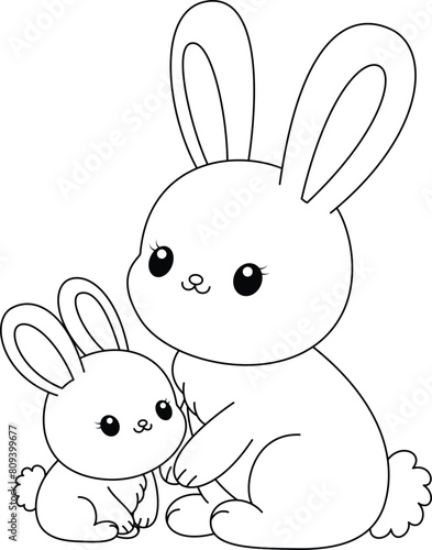 Cute kawaii bunny and baby cartoon character coloring page vector illustration. Pet animal, mothers day colouring page for kids