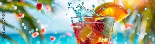 A colorful cocktail glass tipping over, with a dynamic splash of fruitinfused water against a backdrop of summer festivities photo