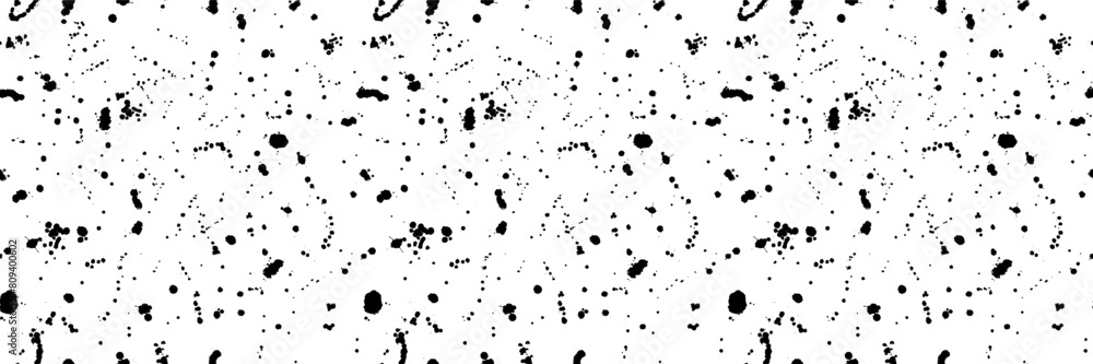 Paint splatter sprinkle vector seamless pattern. Black splashed ink spray backdrop. Monochromatic sprinkled watercolor dribble drizzle texture. Dirty gritty sprinkles spatter on transparent background