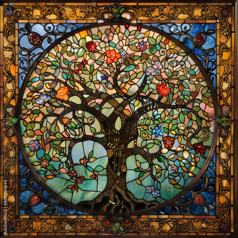 arafed stained glass tree of life with birds and flowers