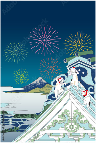 浮世絵　富嶽三十六景　東都浅草本願寺の夏祭りイメージイラスト2