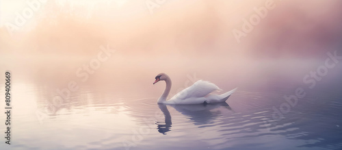 there is a white swan floating on a lake in the fog photo