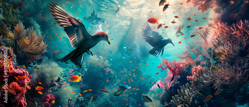 there are two birds flying over a coral reef with fish