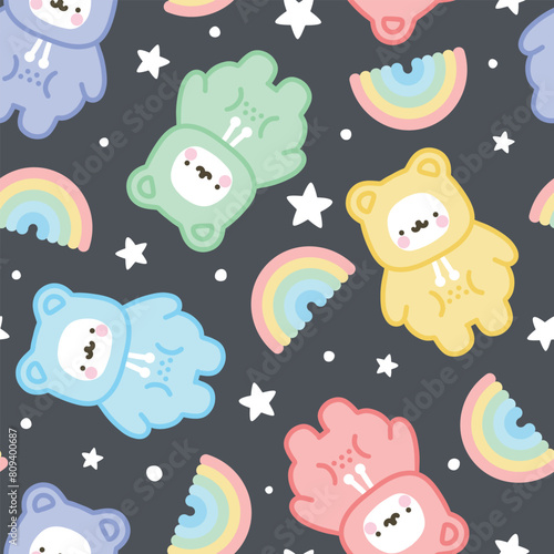 Cute hand drawn polar bear with kawaii stars and rainbow and dots deep blue background in a colorful adorable violet, pink , green, red, yellow warm pajama or hoodie, bedding desigh seamless pattern