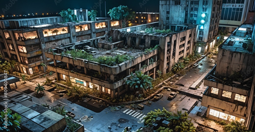 Abandoned post-apocalypse building with tropical overgrowth at night. Aerial view semi realistic town ruins aftermath. Abandoned post-apocalypse building with tropical overgrowth at night. Aerial view semi realistic town ruins aftermath.