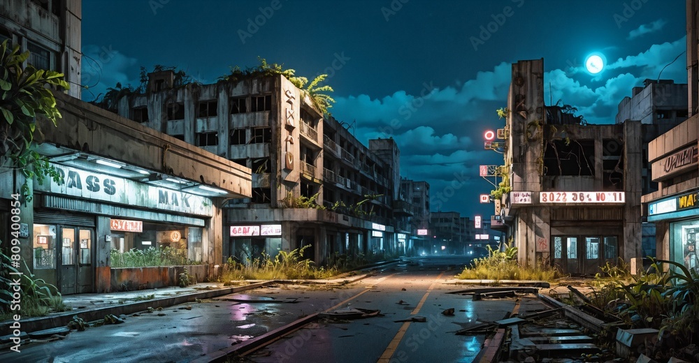 Abandoned post apocalyptic cyberpunk city overgrowth buildings at night. Town building exterior aftermath in tropical summer climate. Urban cityscape. Abandoned post apocalyptic cyberpunk city overgrowth buildings at night. Town building exterior aftermath in tropical summer climate. Urban cityscape.