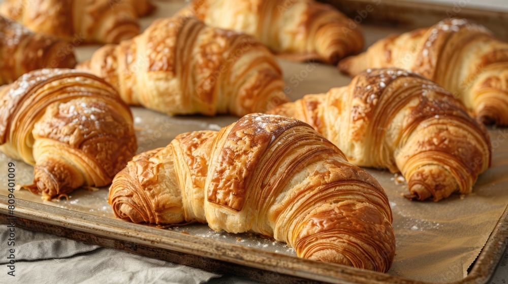 Freshly baked French croissants on a baking tray