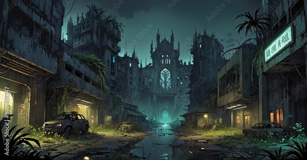 Gothic cyberpunk lo-fi dystopia city and castle. Dark goth post apocalyptic overgrowth cityscape atmosphere with palace at night with fog and haze sky.