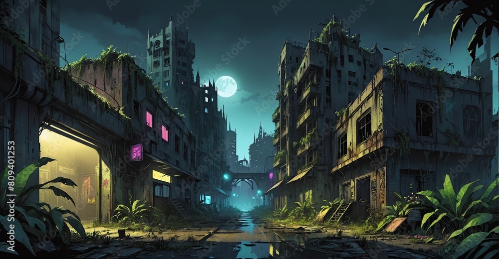Obraz premium Gothic cyberpunk lo-fi dystopia city and castle. Street view of dark goth post apocalyptic overgrowth cityscape atmosphere with palace at night with fog and haze sky.